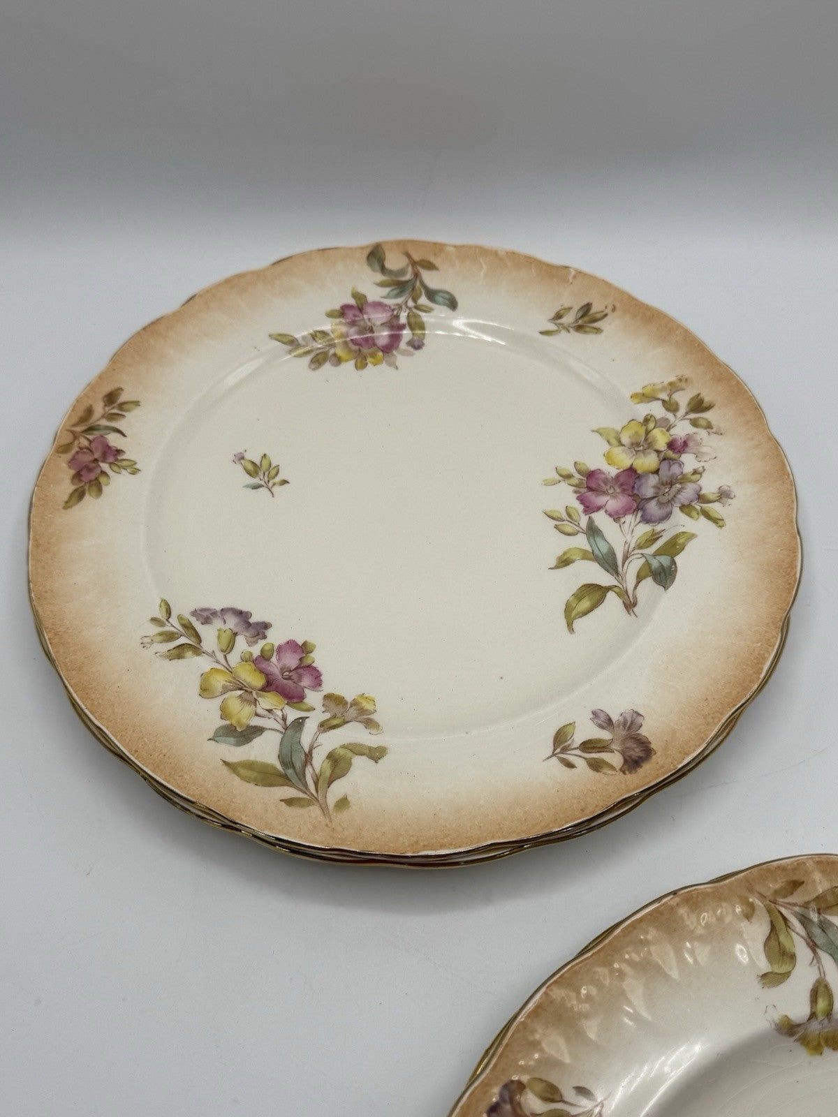 4 ANTIQUE Sampson Bridgwood & Son DINNER PLATES Floral Pink Peach 10.5”