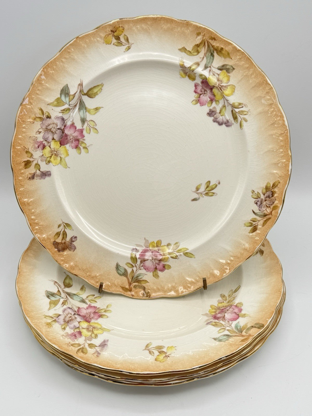 4 ANTIQUE Sampson Bridgwood & Son DINNER PLATES Floral Pink Peach 10.5”