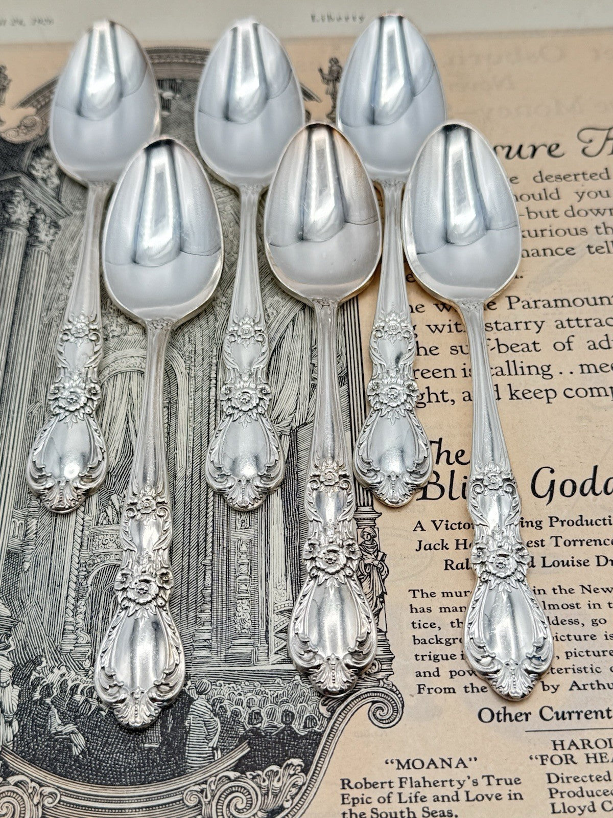 6 Antique Style Silverplate Tea Spoons HERITAGE 1953 Pattern 1847 Rogers Bros