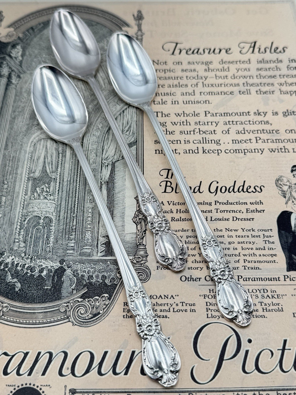 3 Antique Style Silverplate Ice Tea Spoons HERITAGE 1953 Pattern 1847 Rogers
