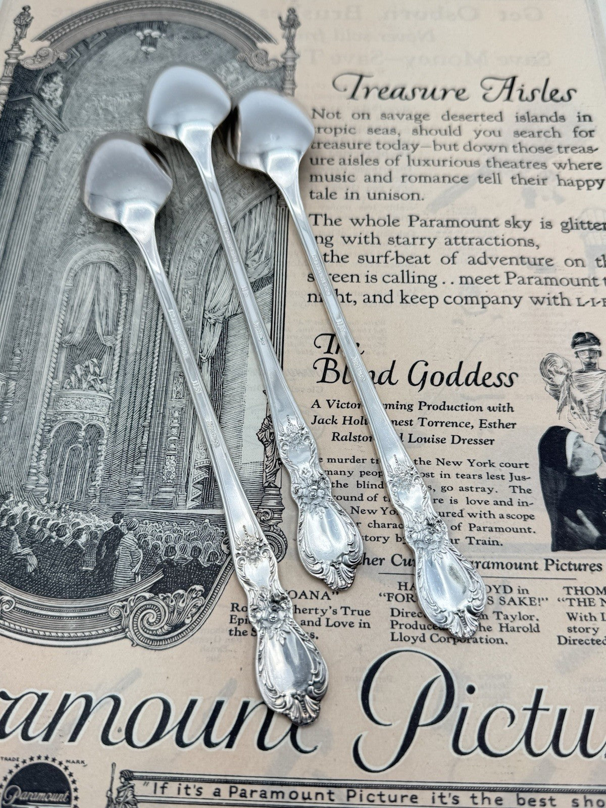 3 Antique Style Silverplate Ice Tea Spoons HERITAGE 1953 Pattern 1847 Rogers