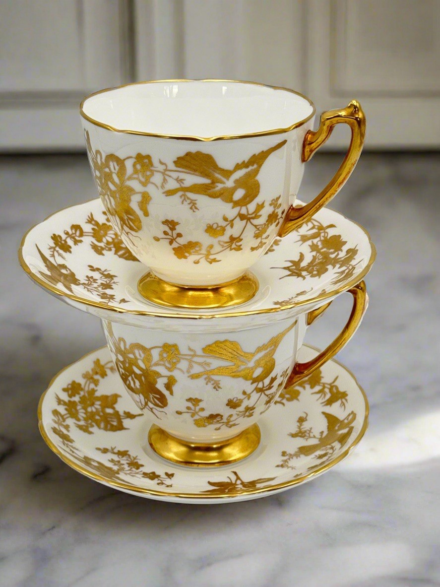 2 Cups & Saucers Coalport Birds Gold Scalloped Design ESTATE FIND