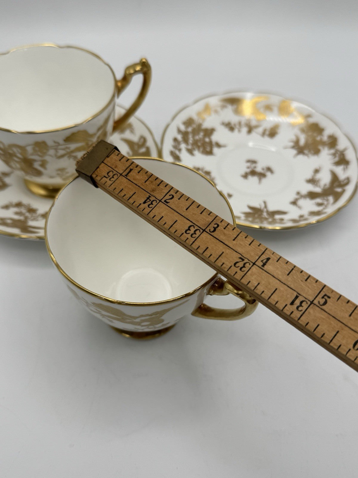 2 Cups & Saucers Coalport Birds Gold Scalloped Design ESTATE FIND
