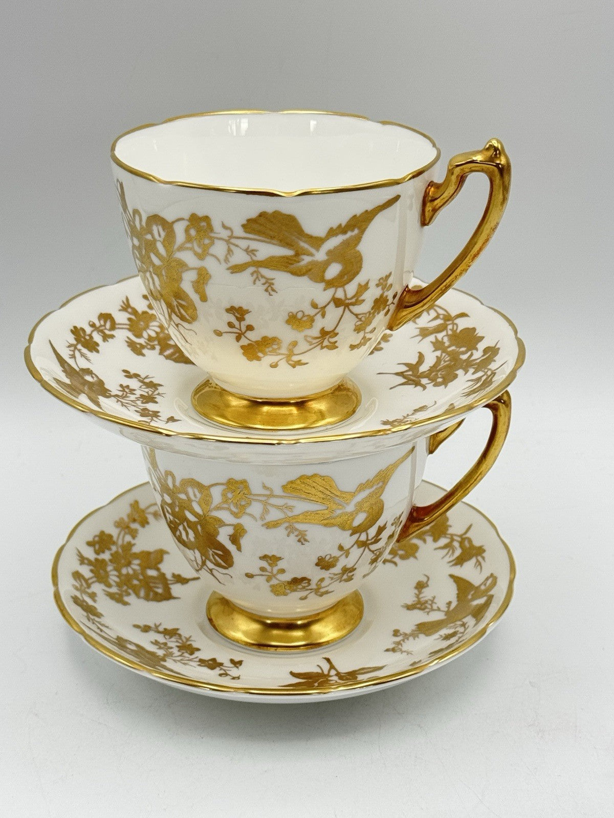 2 Cups & Saucers Coalport Birds Gold Scalloped Design ESTATE FIND