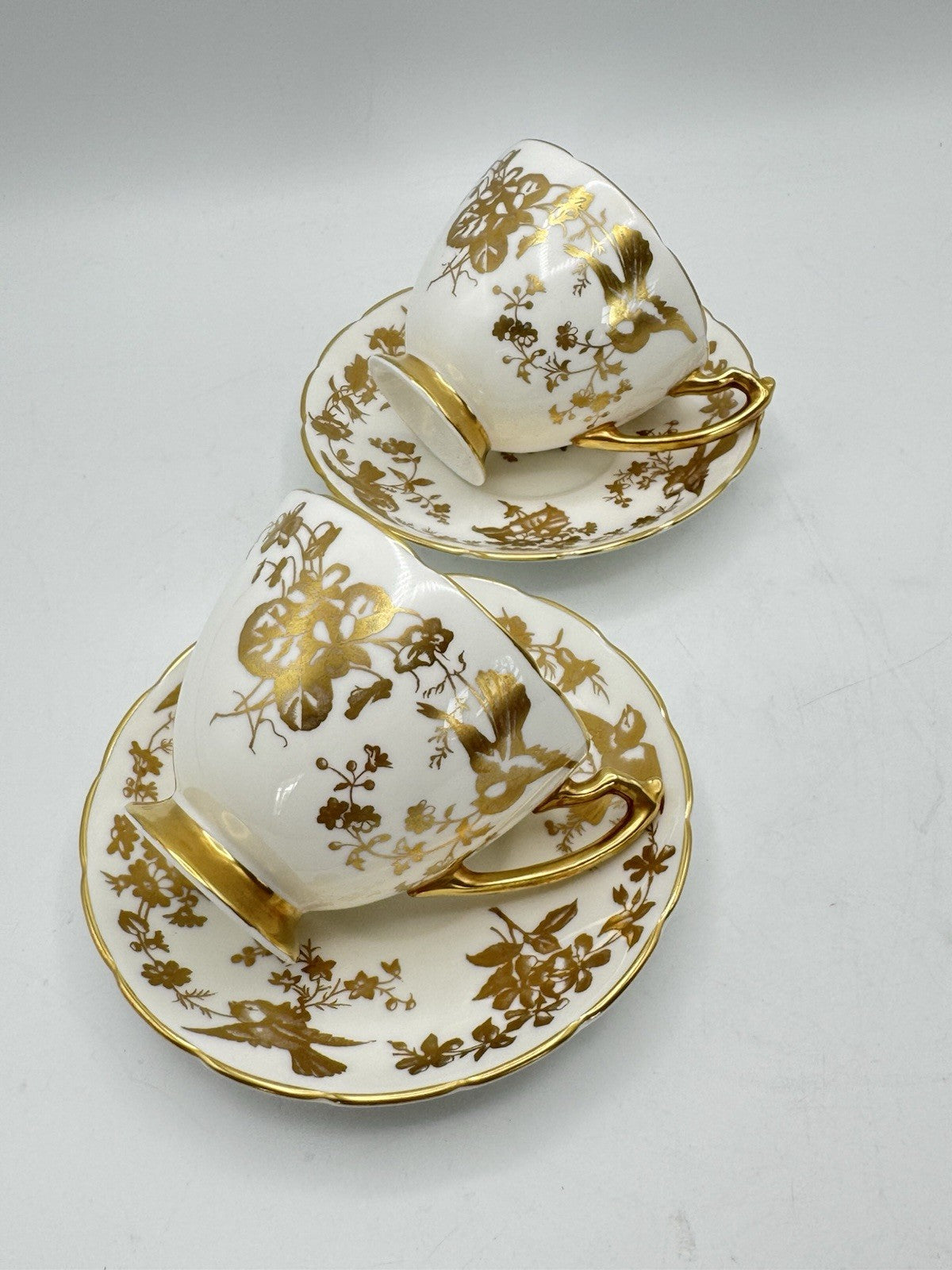 2 Cups & Saucers Coalport Birds Gold Scalloped Design ESTATE FIND