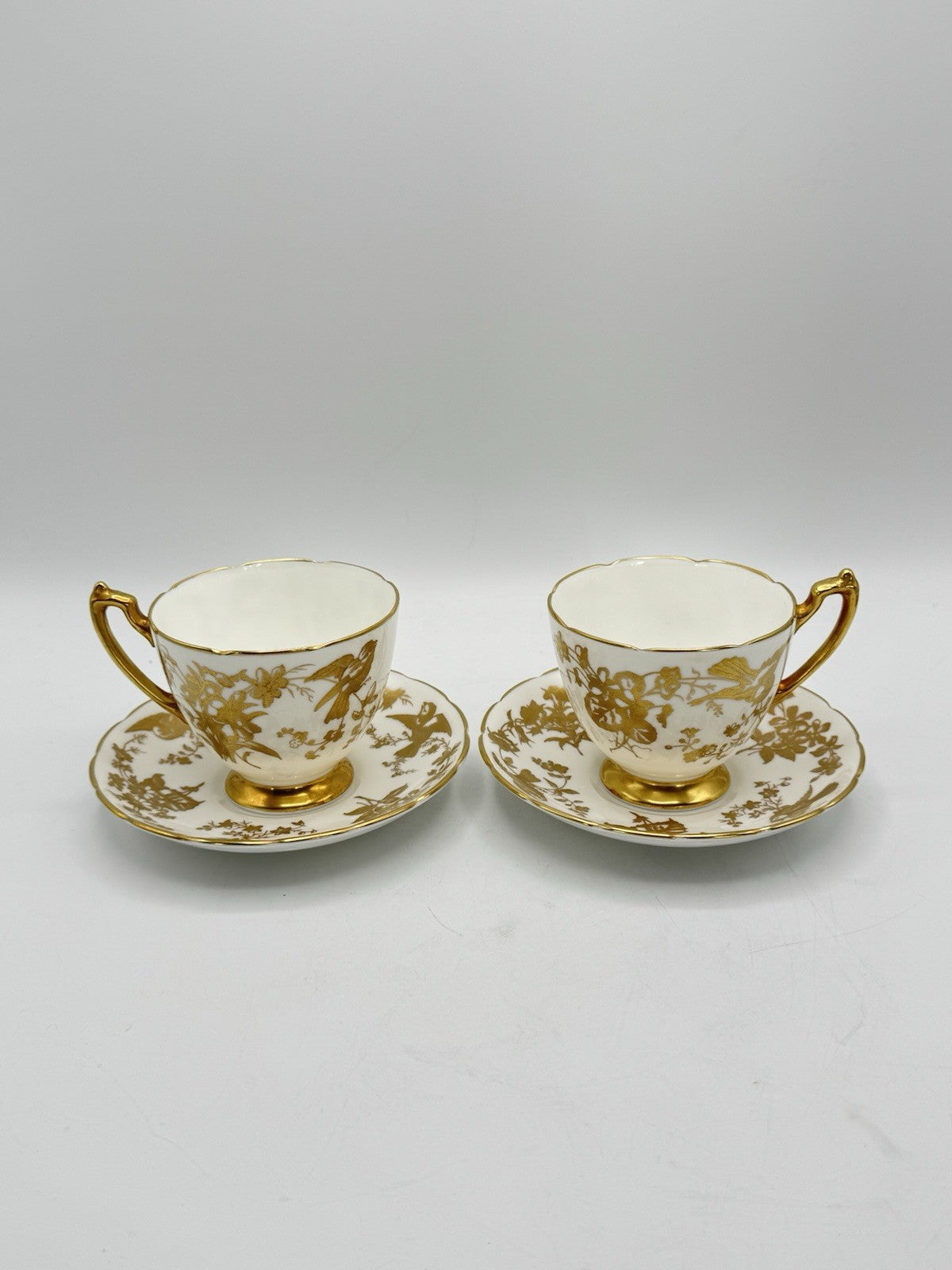2 Cups & Saucers Coalport Birds Gold Scalloped Design ESTATE FIND