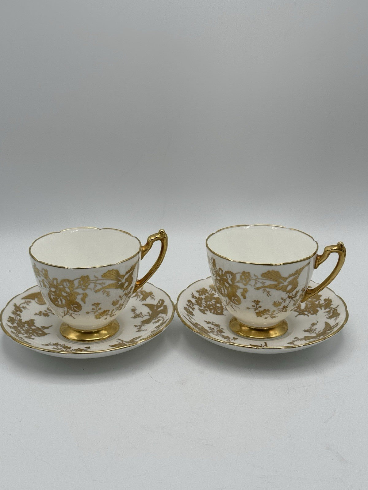 2 Cups & Saucers Coalport Birds Gold Scalloped Design ESTATE FIND
