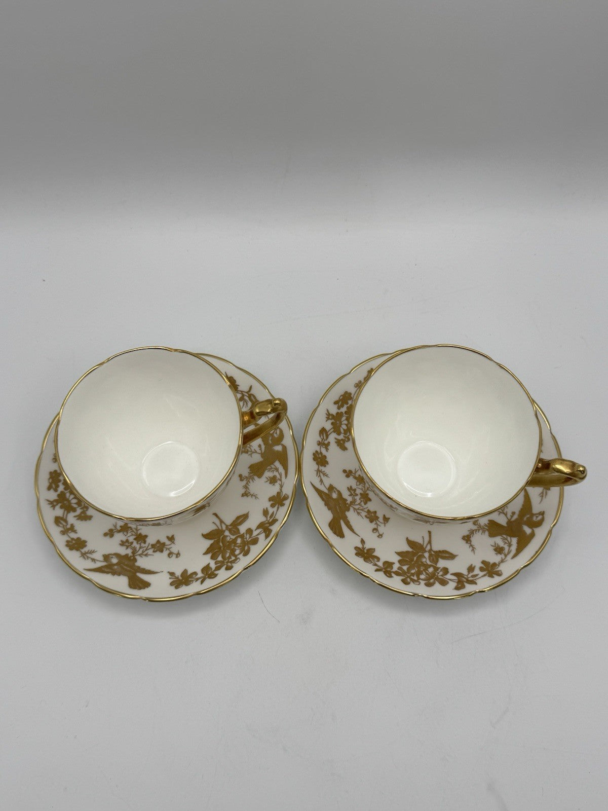 2 Cups & Saucers Coalport Birds Gold Scalloped Design ESTATE FIND