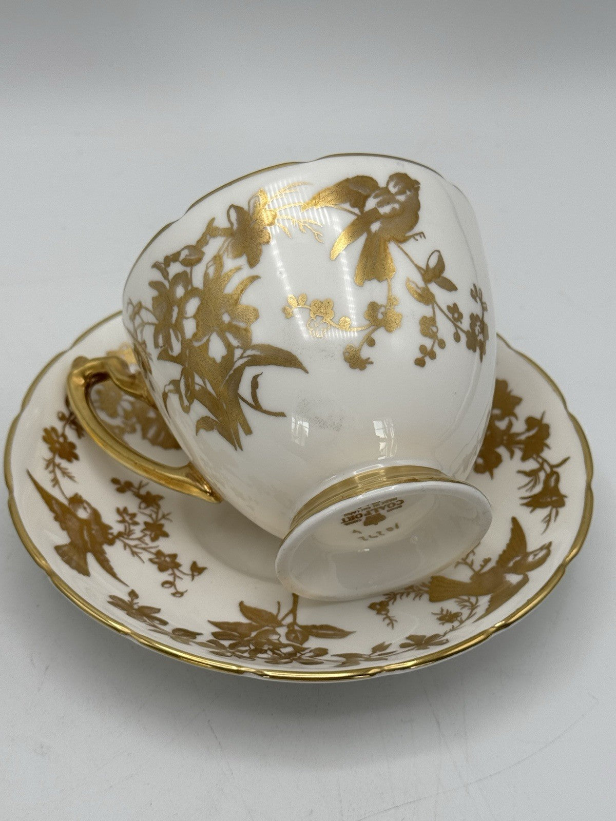 2 Cups & Saucers Coalport Birds Gold Scalloped Design ESTATE FIND
