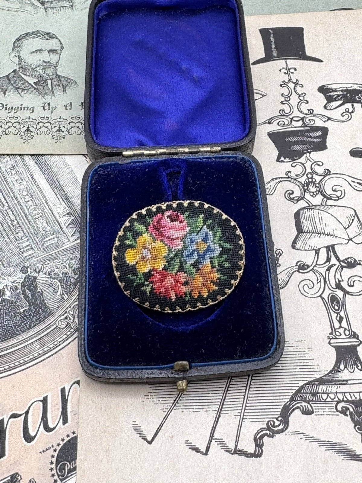 Vintage Petit Point Needlepoint Brooch ESTATE FIND