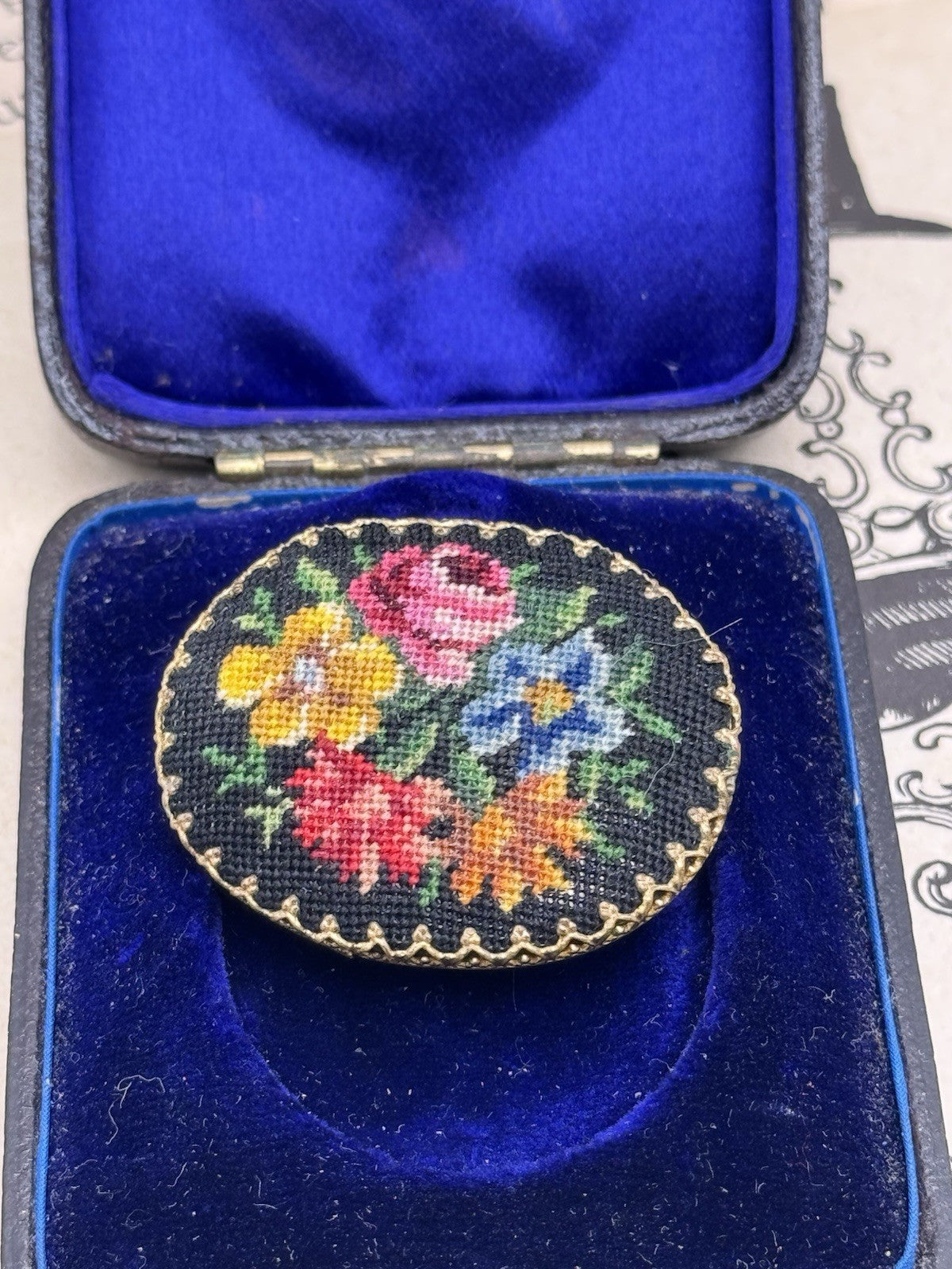 Vintage Petit Point Needlepoint Brooch ESTATE FIND