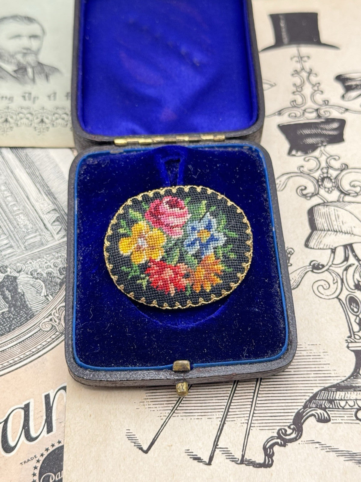 Vintage Petit Point Needlepoint Brooch ESTATE FIND