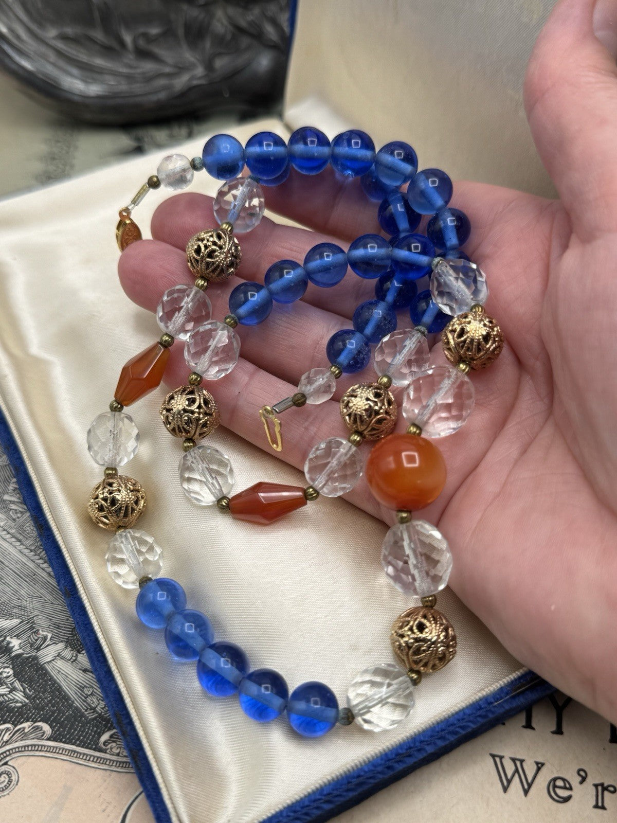 Vintage Faceted Glass Blue Glass Beads ESTATE FIND 25”