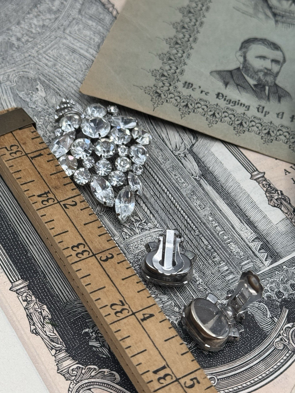 Vintage Rhinestone Demi Parure Set Clear Rhinestone Earrings & Brooch
