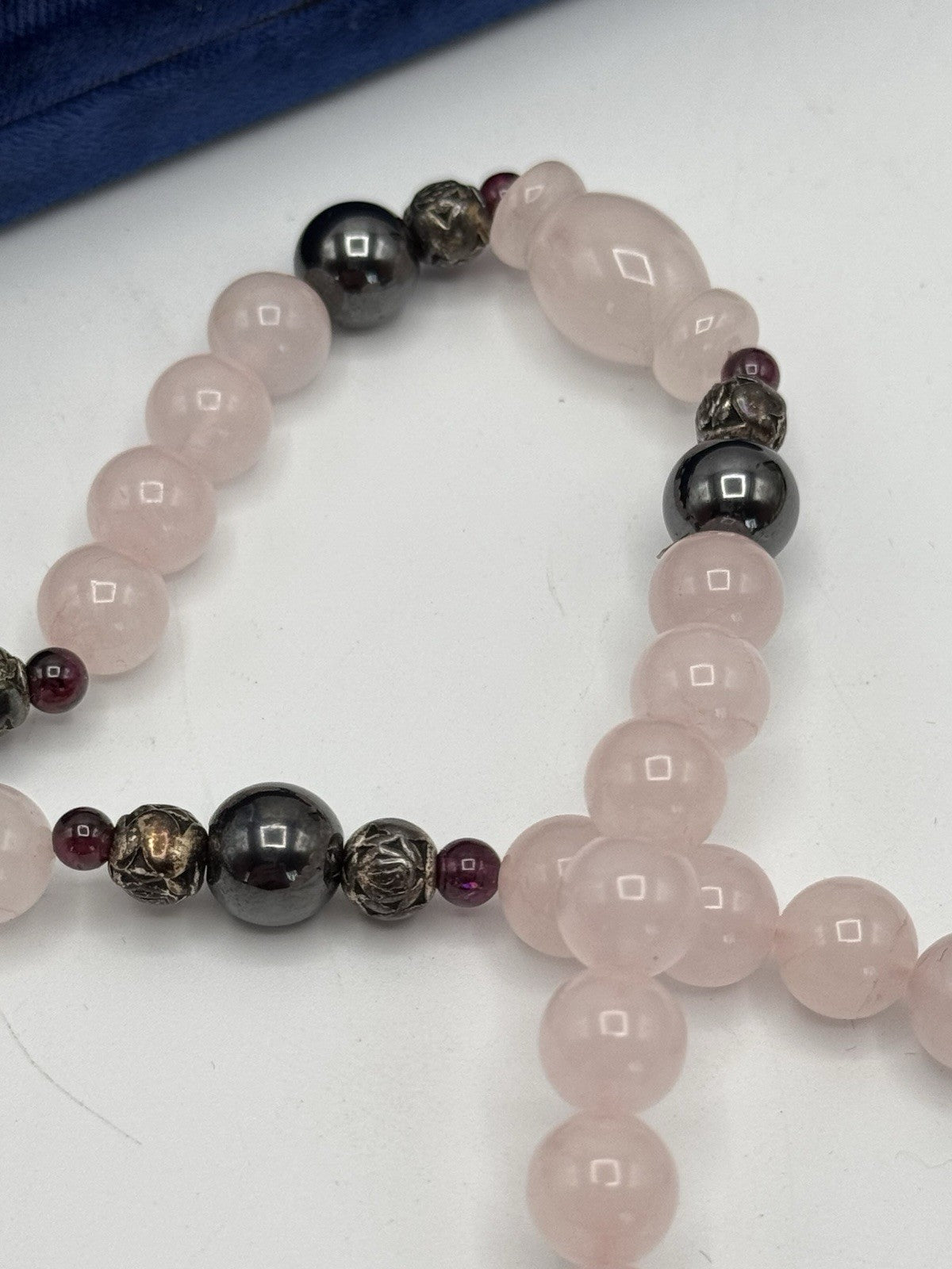 Vintage Rose Quartz Hematite & Garnet Accents Bead Necklace ESTATE FIND 25”