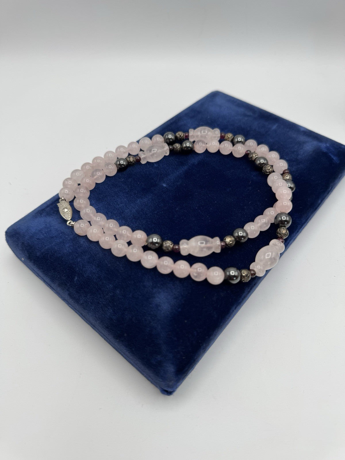 Vintage Rose Quartz Hematite & Garnet Accents Bead Necklace ESTATE FIND 25”