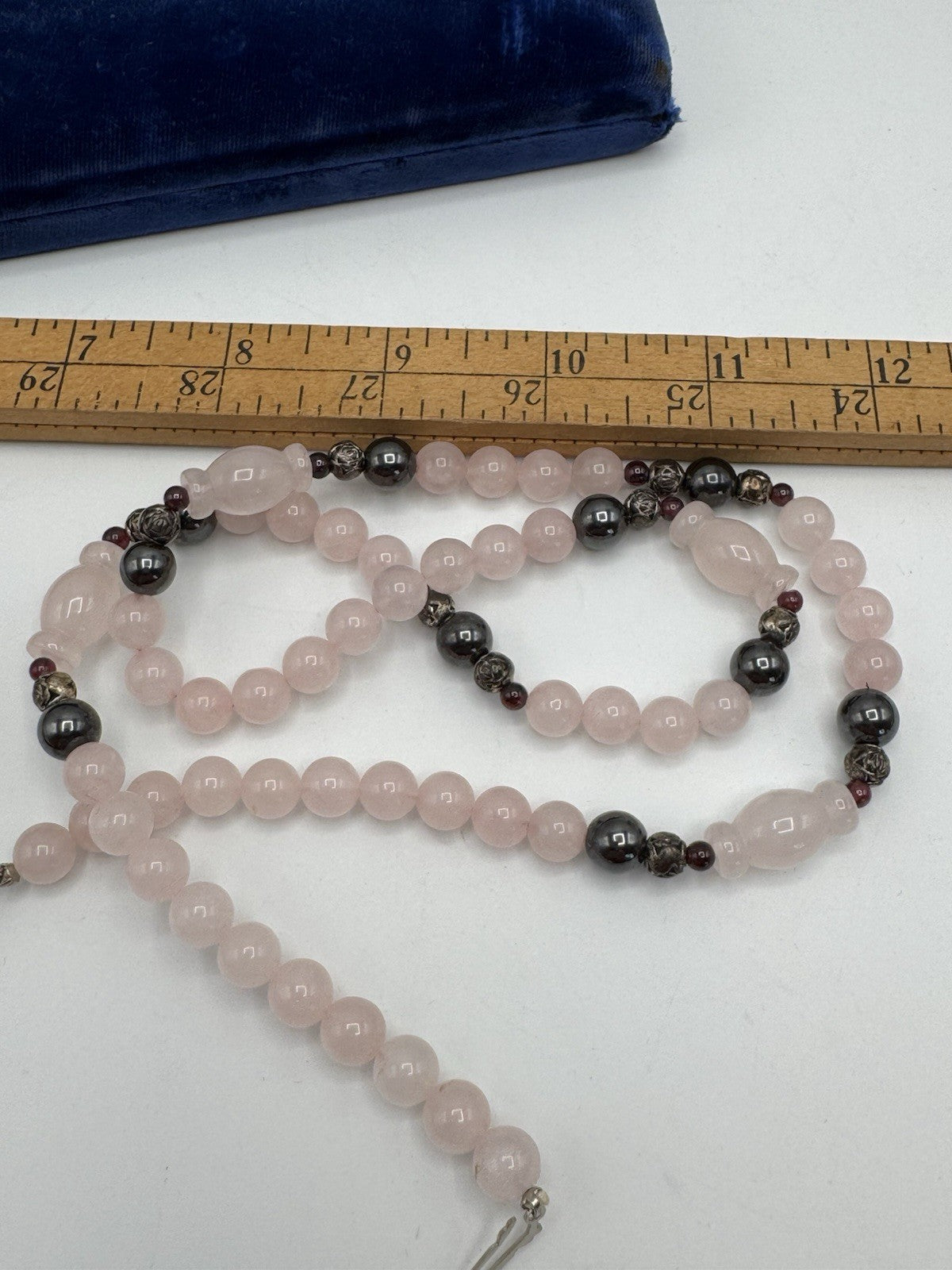 Vintage Rose Quartz Hematite & Garnet Accents Bead Necklace ESTATE FIND 25”