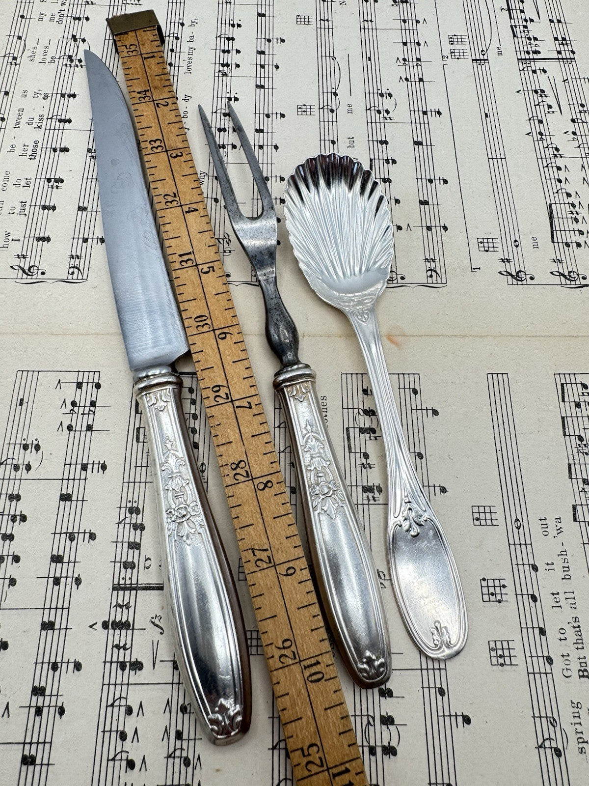 Vintage Silverplate Carving Set & Sugar She’ll Spoon 1847 ROGERS