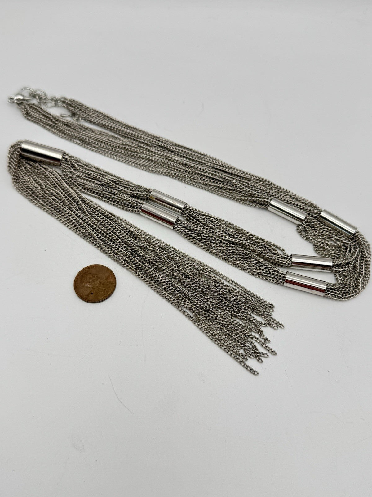 Silvertone Tassel Chain Necklace Circa 31” Inside ESTATE FIND