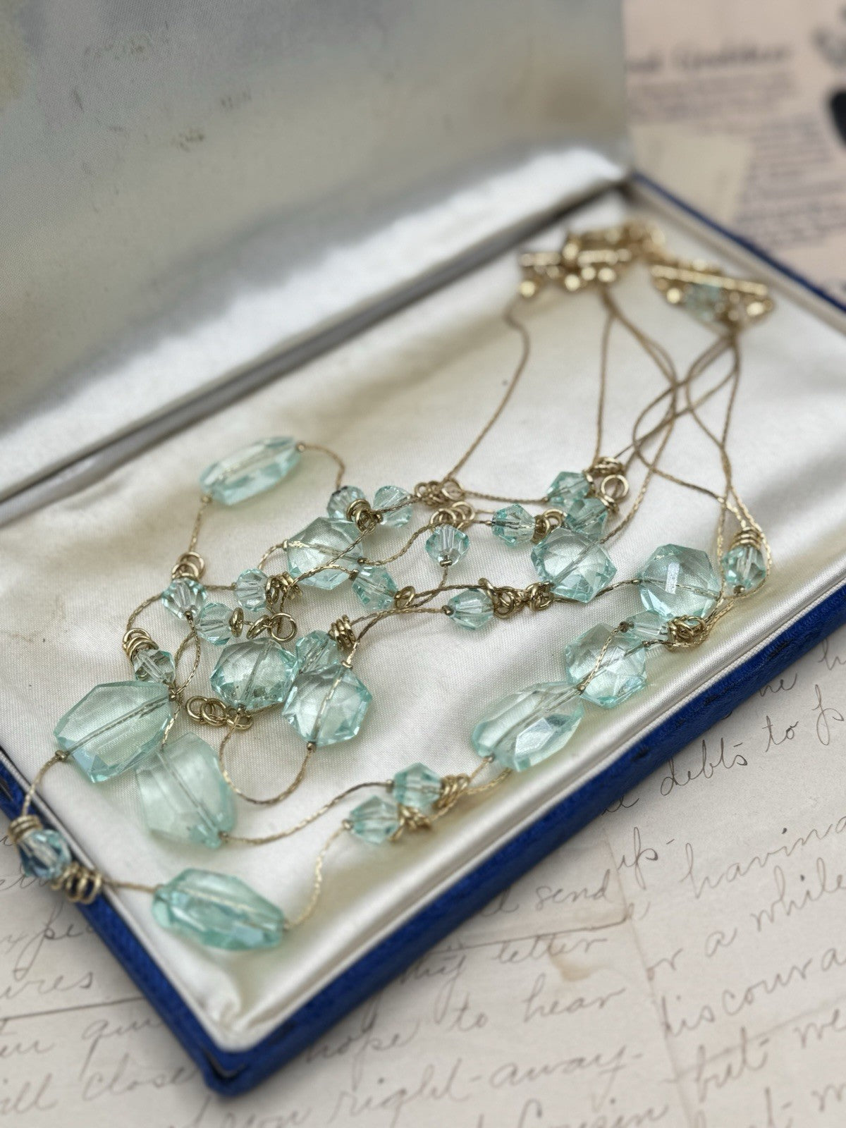 ESTATE FIND Blue Aqua Glass & Lucite 4 Strand Goldtone Necklace Ca. 21”