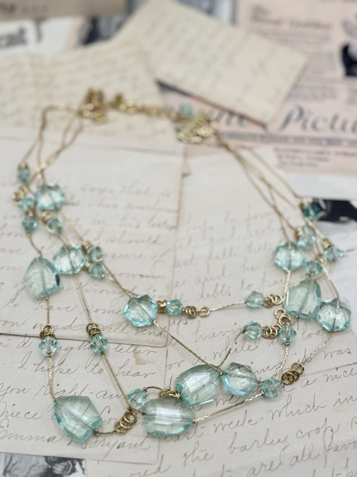 ESTATE FIND Blue Aqua Glass & Lucite 4 Strand Goldtone Necklace Ca. 21”