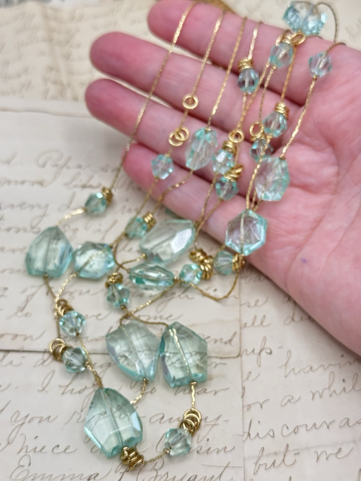 ESTATE FIND Blue Aqua Glass & Lucite 4 Strand Goldtone Necklace Ca. 21”