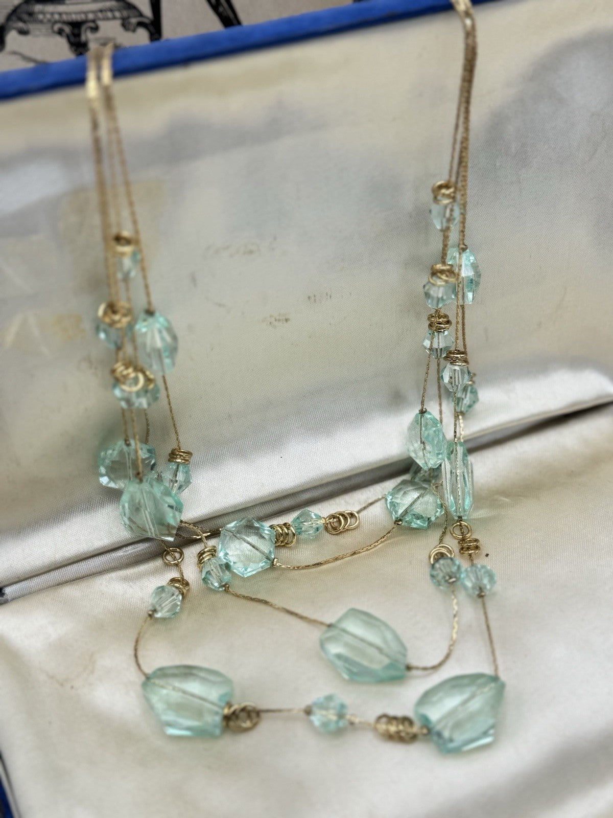 ESTATE FIND Blue Aqua Glass & Lucite 4 Strand Goldtone Necklace Ca. 21”
