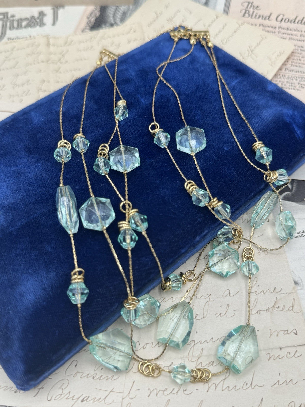 ESTATE FIND Blue Aqua Glass & Lucite 4 Strand Goldtone Necklace Ca. 21”