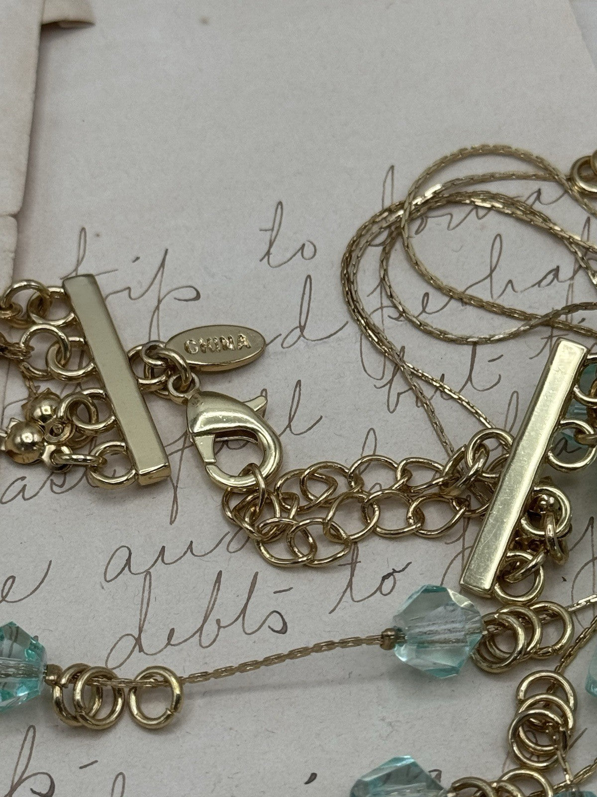 ESTATE FIND Blue Aqua Glass & Lucite 4 Strand Goldtone Necklace Ca. 21”