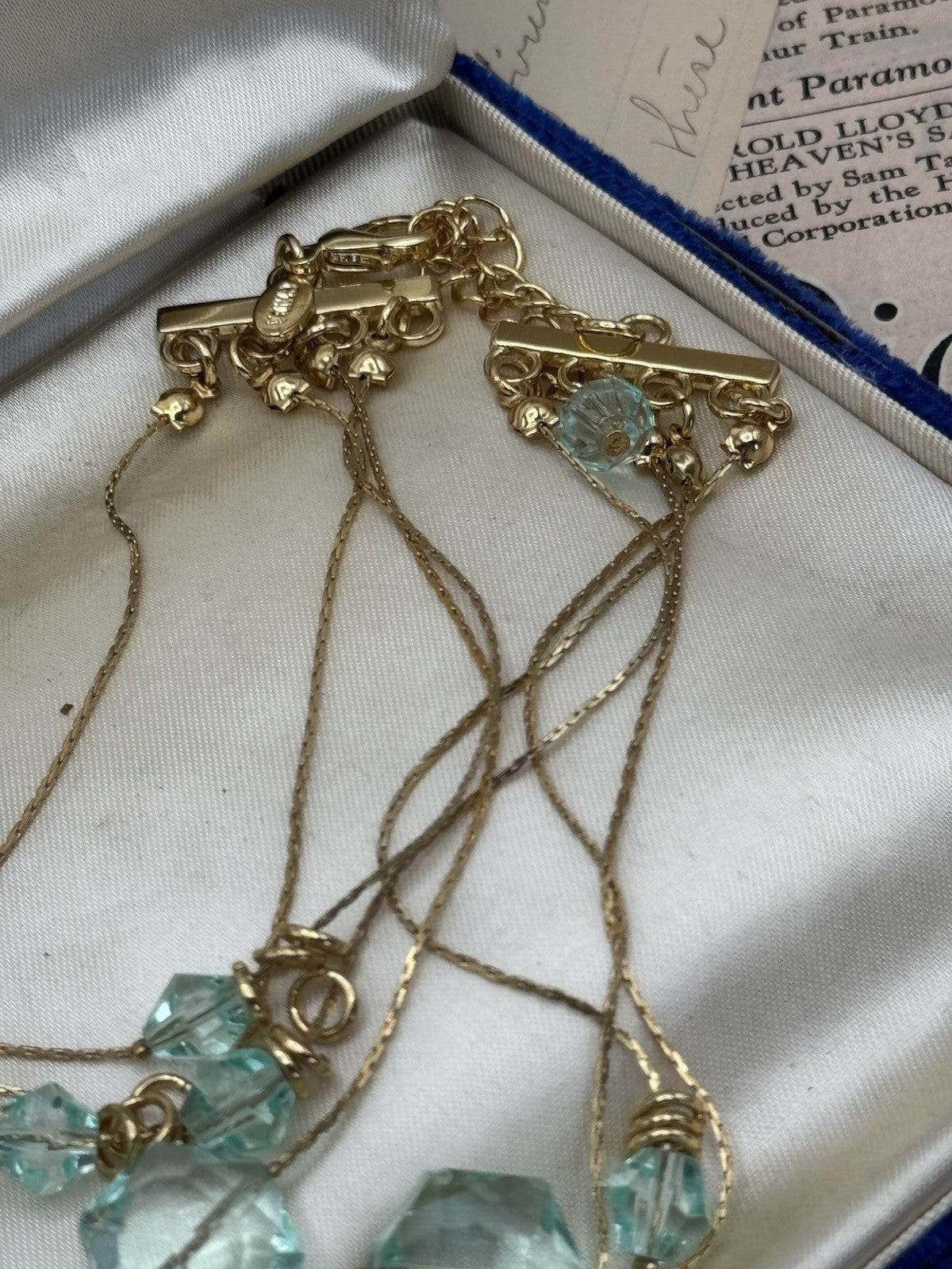 ESTATE FIND Blue Aqua Glass & Lucite 4 Strand Goldtone Necklace Ca. 21”