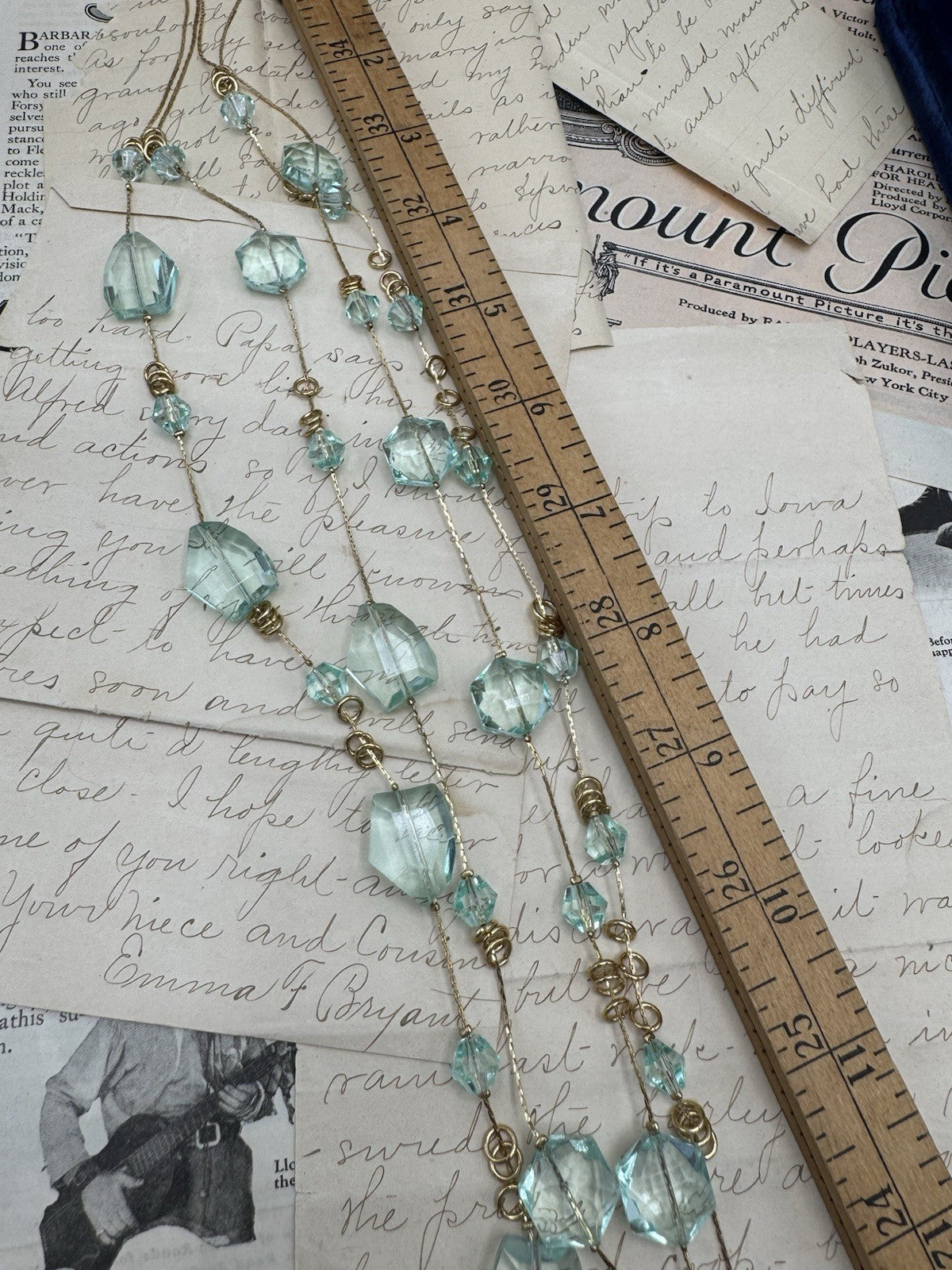 ESTATE FIND Blue Aqua Glass & Lucite 4 Strand Goldtone Necklace Ca. 21”