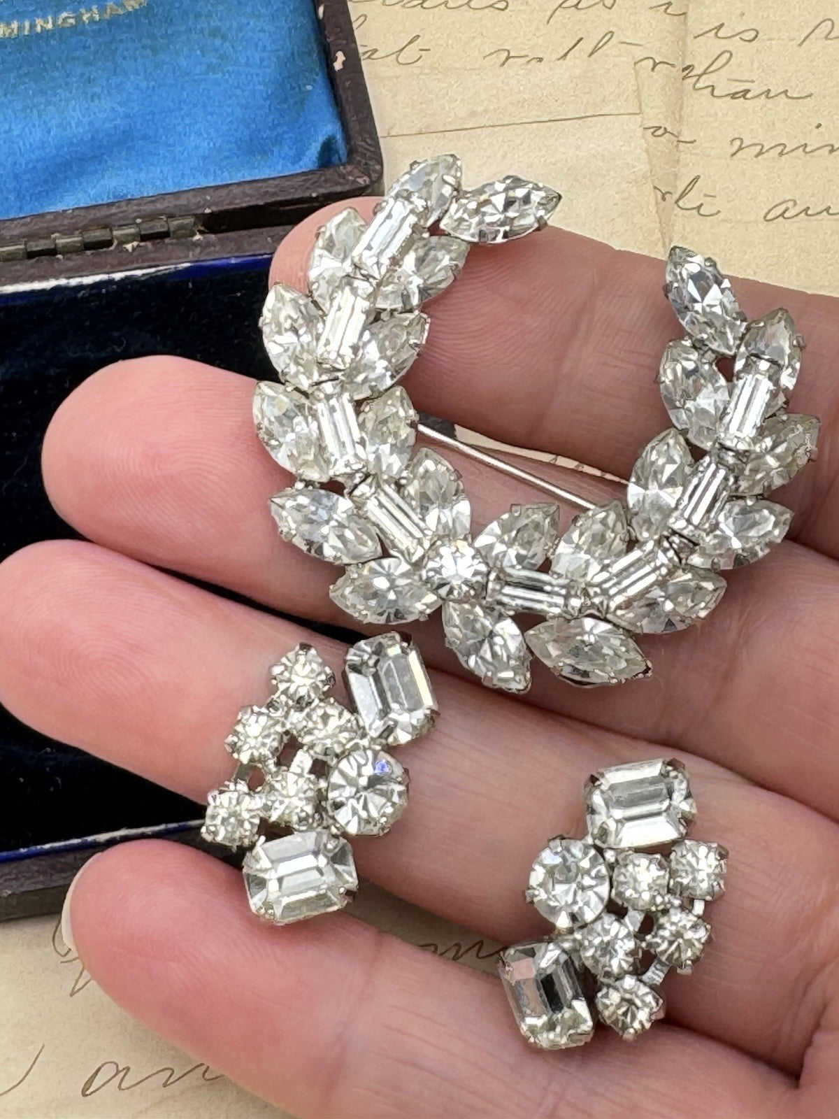 Vintage Laurel Wreath Brooch & Earrings Clear Rhinestone Brooch Made In Austria
