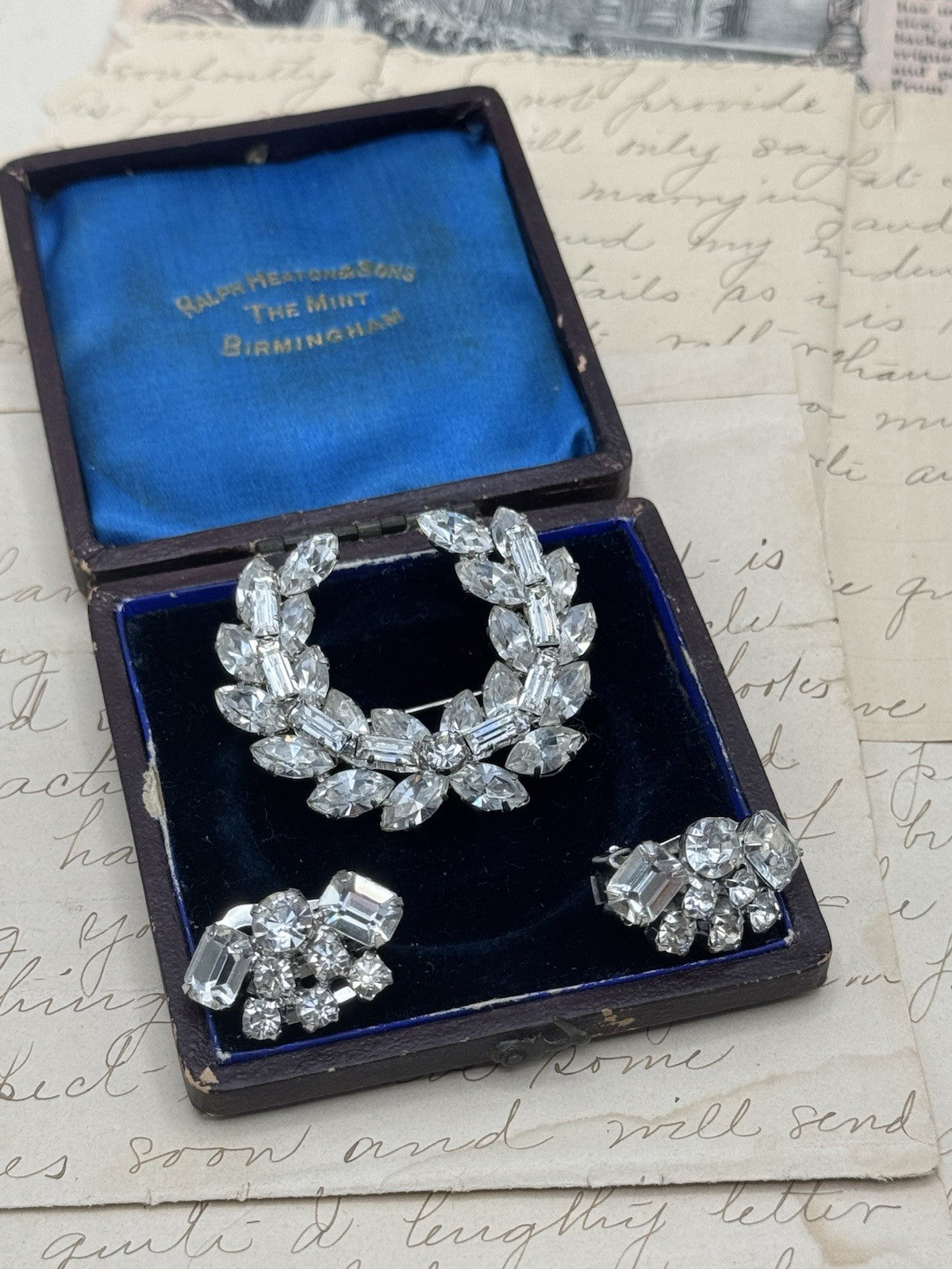 Vintage Laurel Wreath Brooch & Earrings Clear Rhinestone Brooch Made In Austria