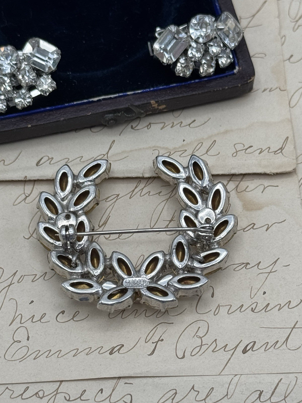 Vintage Laurel Wreath Brooch & Earrings Clear Rhinestone Brooch Made In Austria