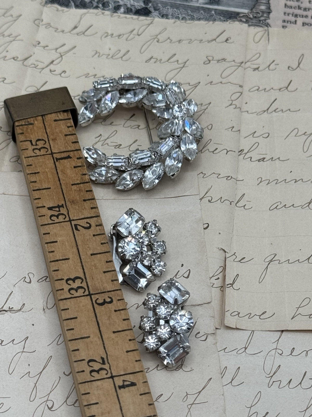 Vintage Laurel Wreath Brooch & Earrings Clear Rhinestone Brooch Made In Austria