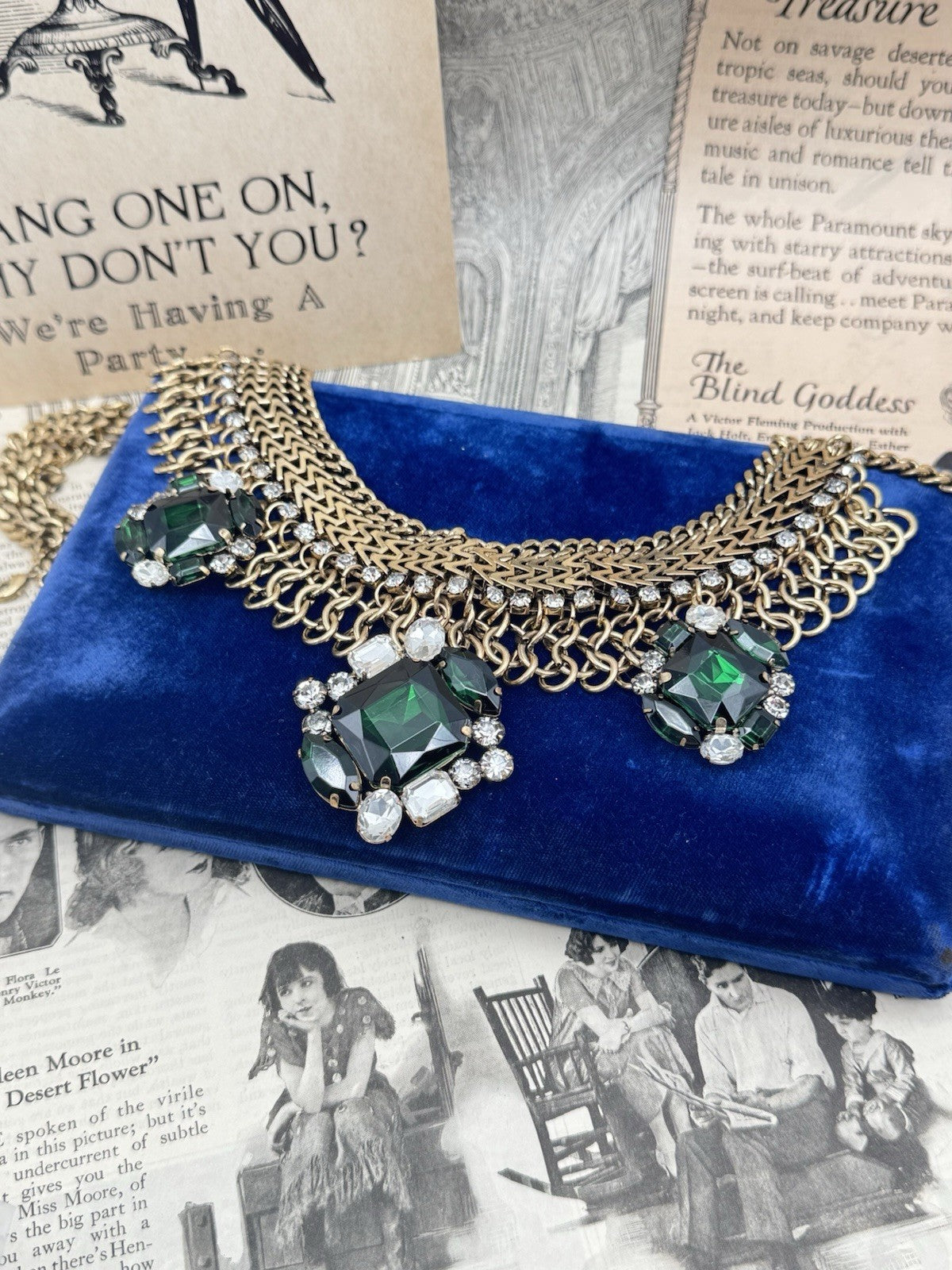 VINTAGE Statement Necklace Goldtone Green & Clear Rhinestones ESTATE FIND