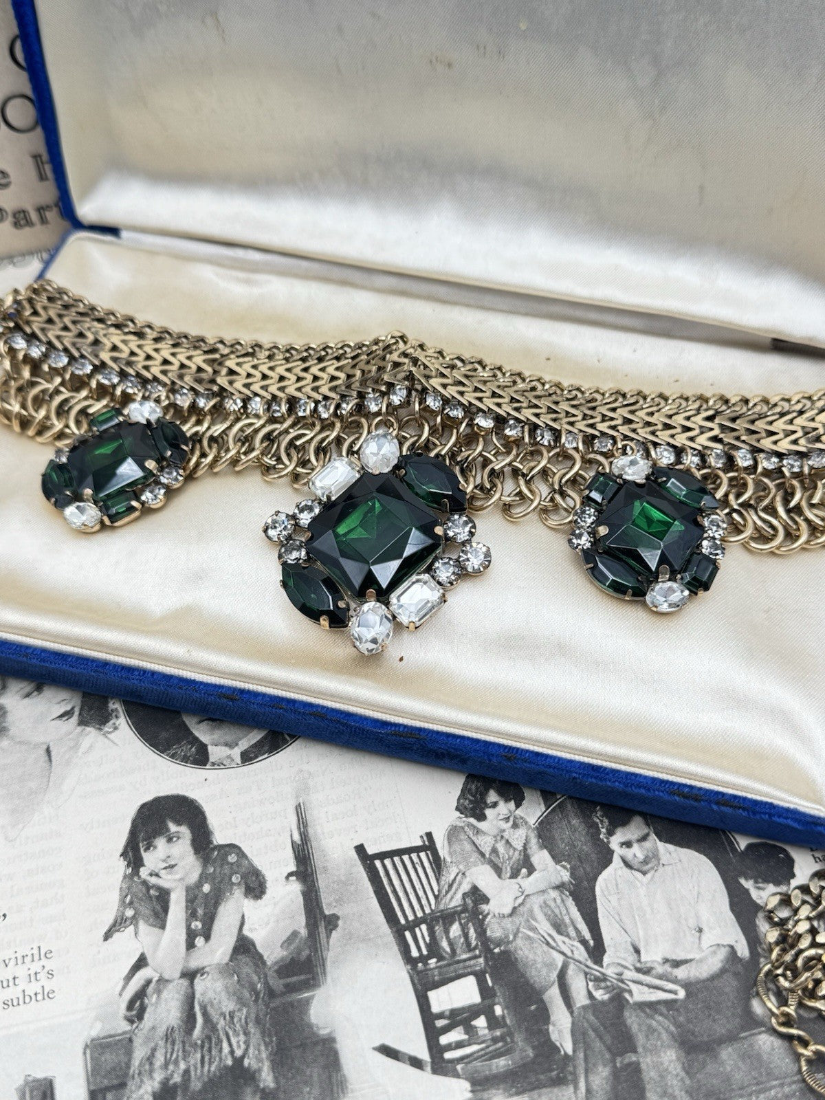 VINTAGE Statement Necklace Goldtone Green & Clear Rhinestones ESTATE FIND