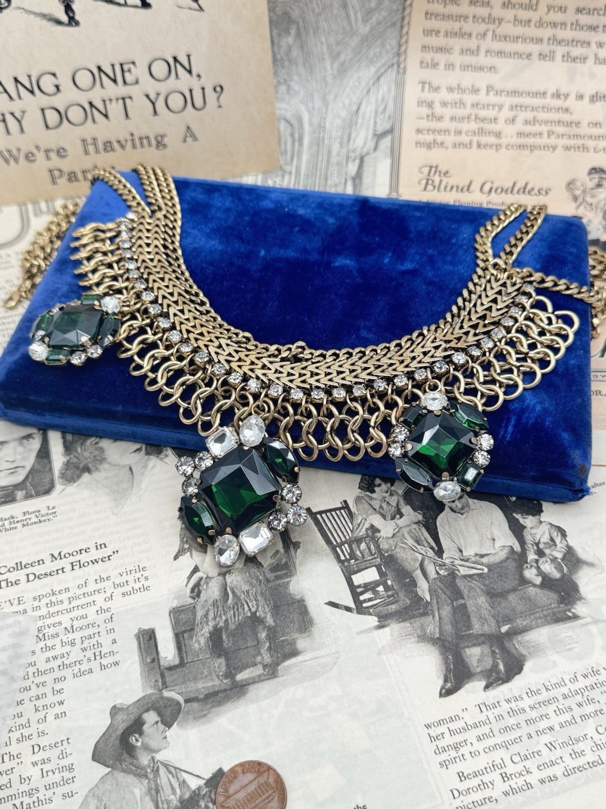 VINTAGE Statement Necklace Goldtone Green & Clear Rhinestones ESTATE FIND