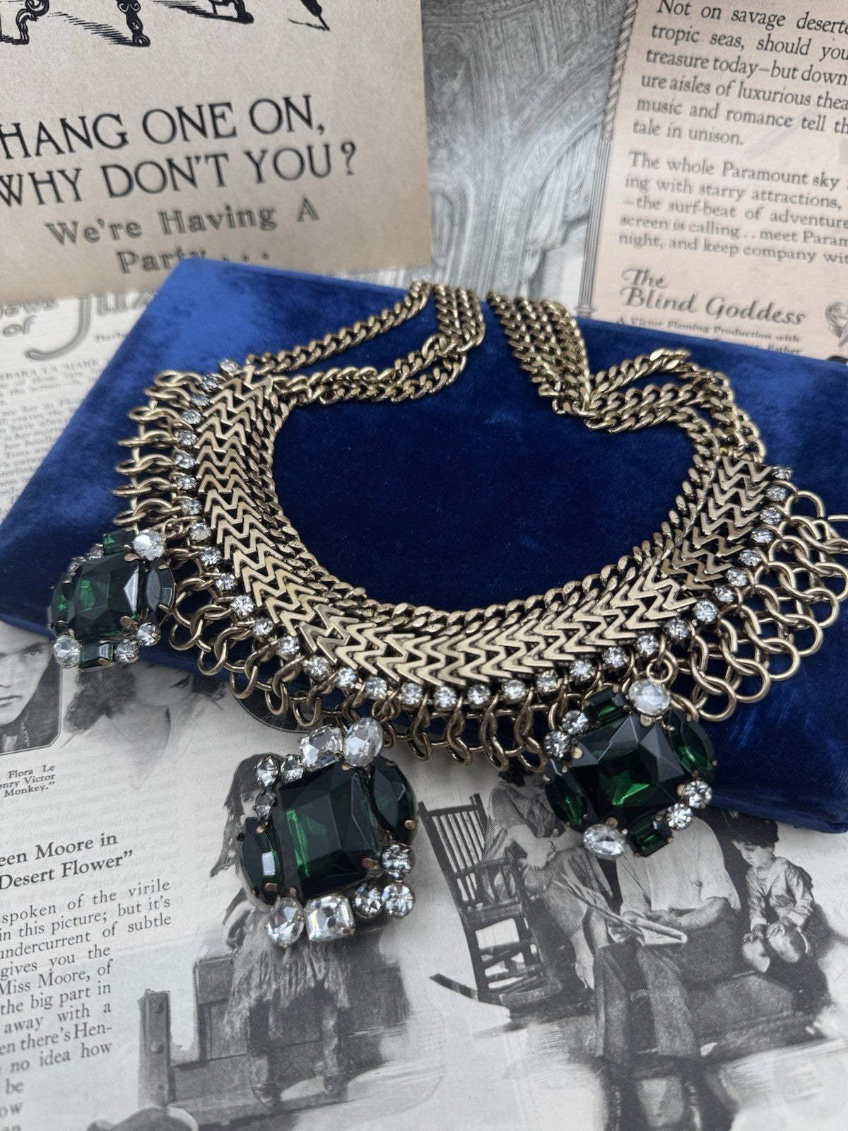 VINTAGE Statement Necklace Goldtone Green & Clear Rhinestones ESTATE FIND
