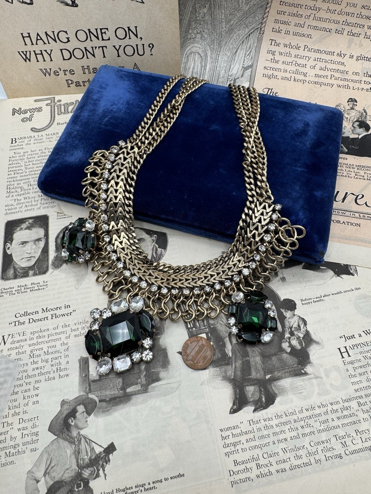 VINTAGE Statement Necklace Goldtone Green & Clear Rhinestones ESTATE FIND