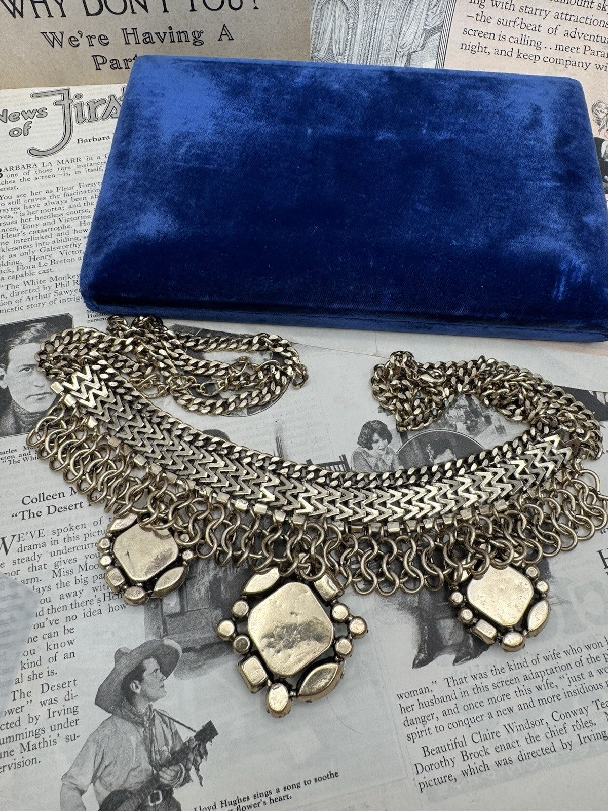 VINTAGE Statement Necklace Goldtone Green & Clear Rhinestones ESTATE FIND