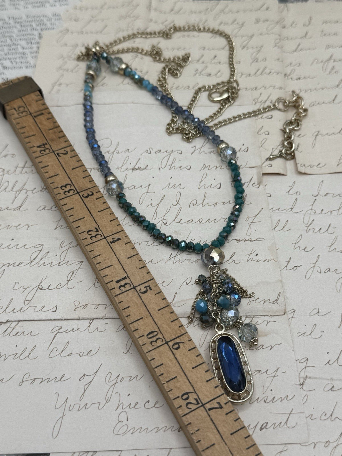 Estate Find Goldtone Necklace Iridescent Blue & Green Needs Pendant 35”