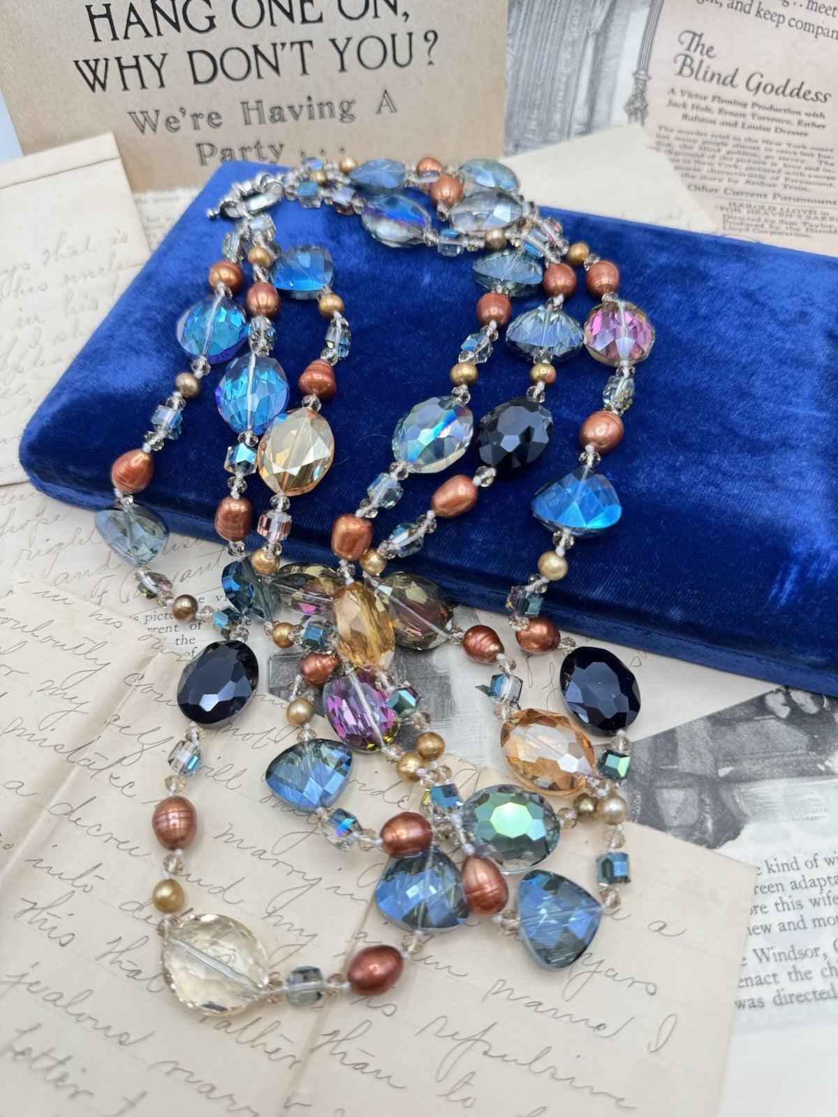 Estate Find 3 Strand Crystal Aurora Borealis Multicolor Stone Necklace 22”
