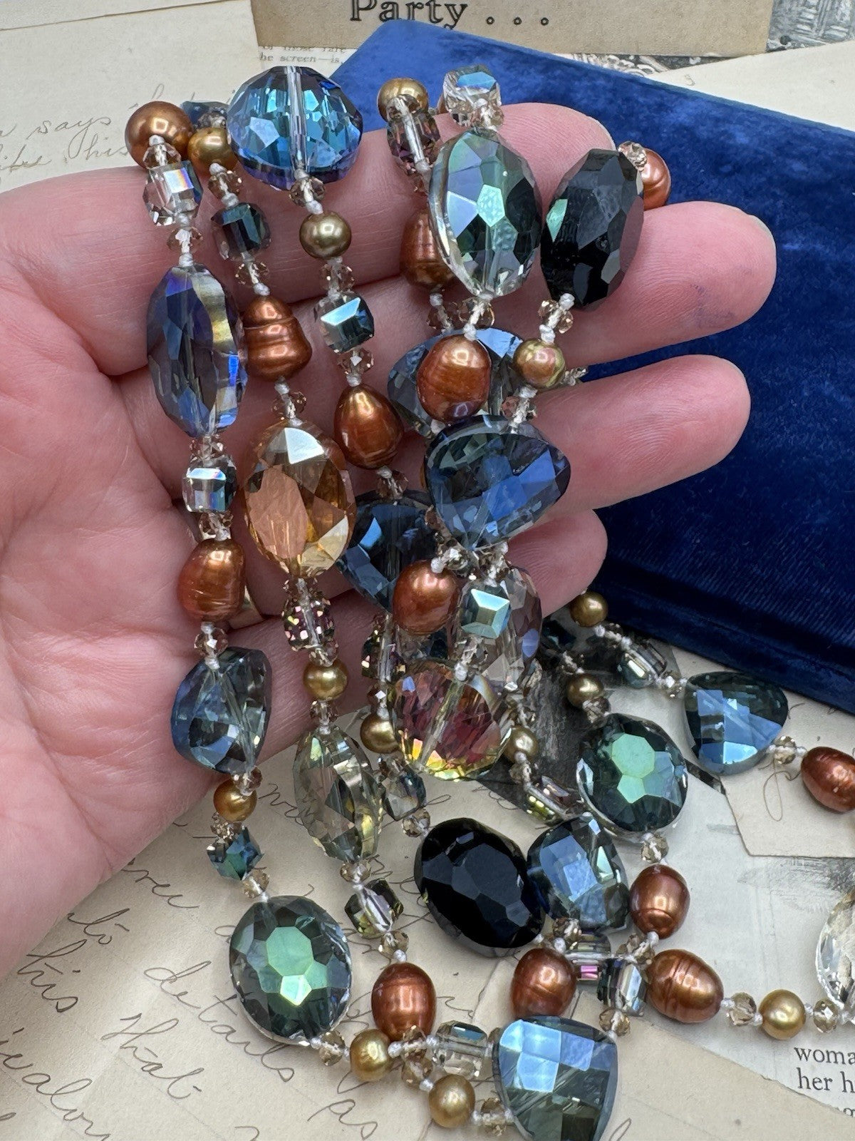 Estate Find 3 Strand Crystal Aurora Borealis Multicolor Stone Necklace 22”