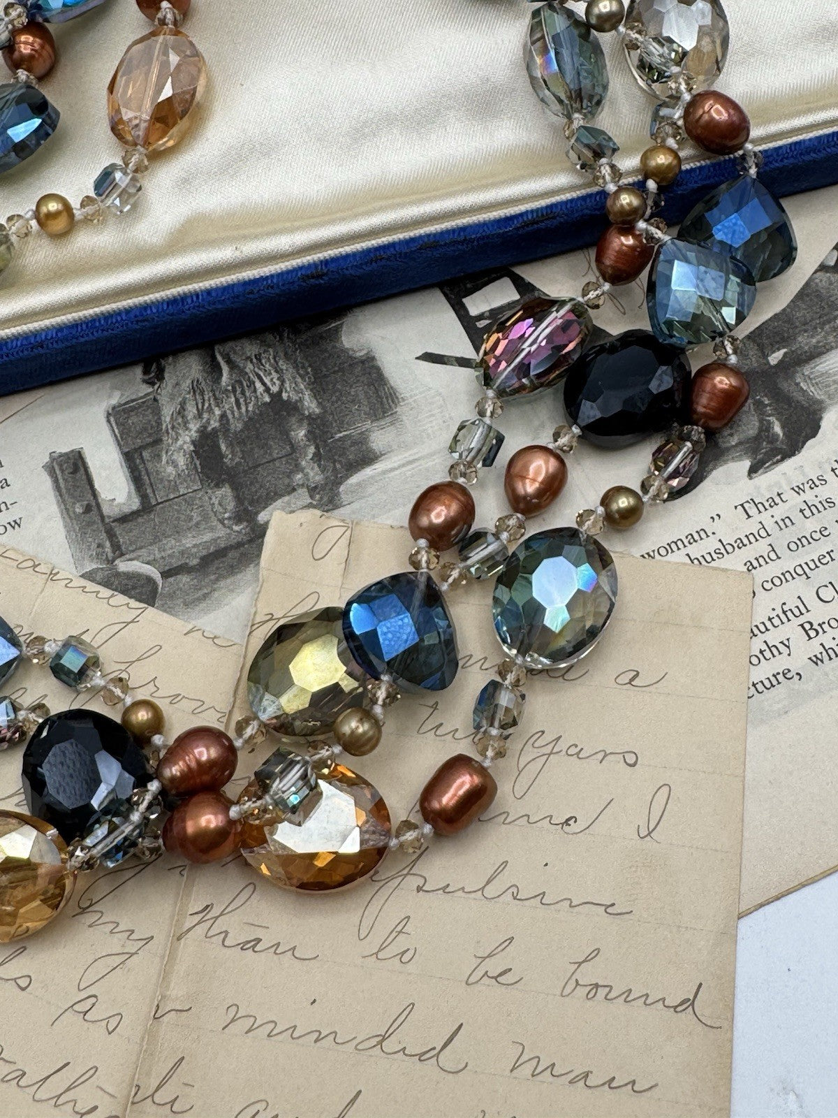Estate Find 3 Strand Crystal Aurora Borealis Multicolor Stone Necklace 22”