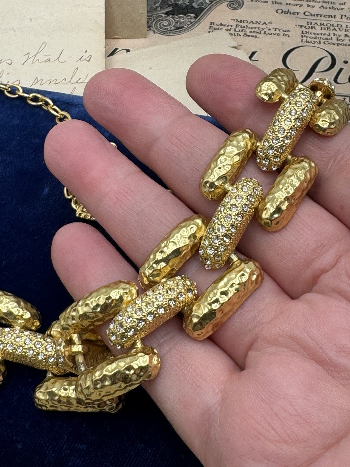Chunky Karine Sultan Necklace Goldtone Rhinestone Accents ESTATE FIND 19”