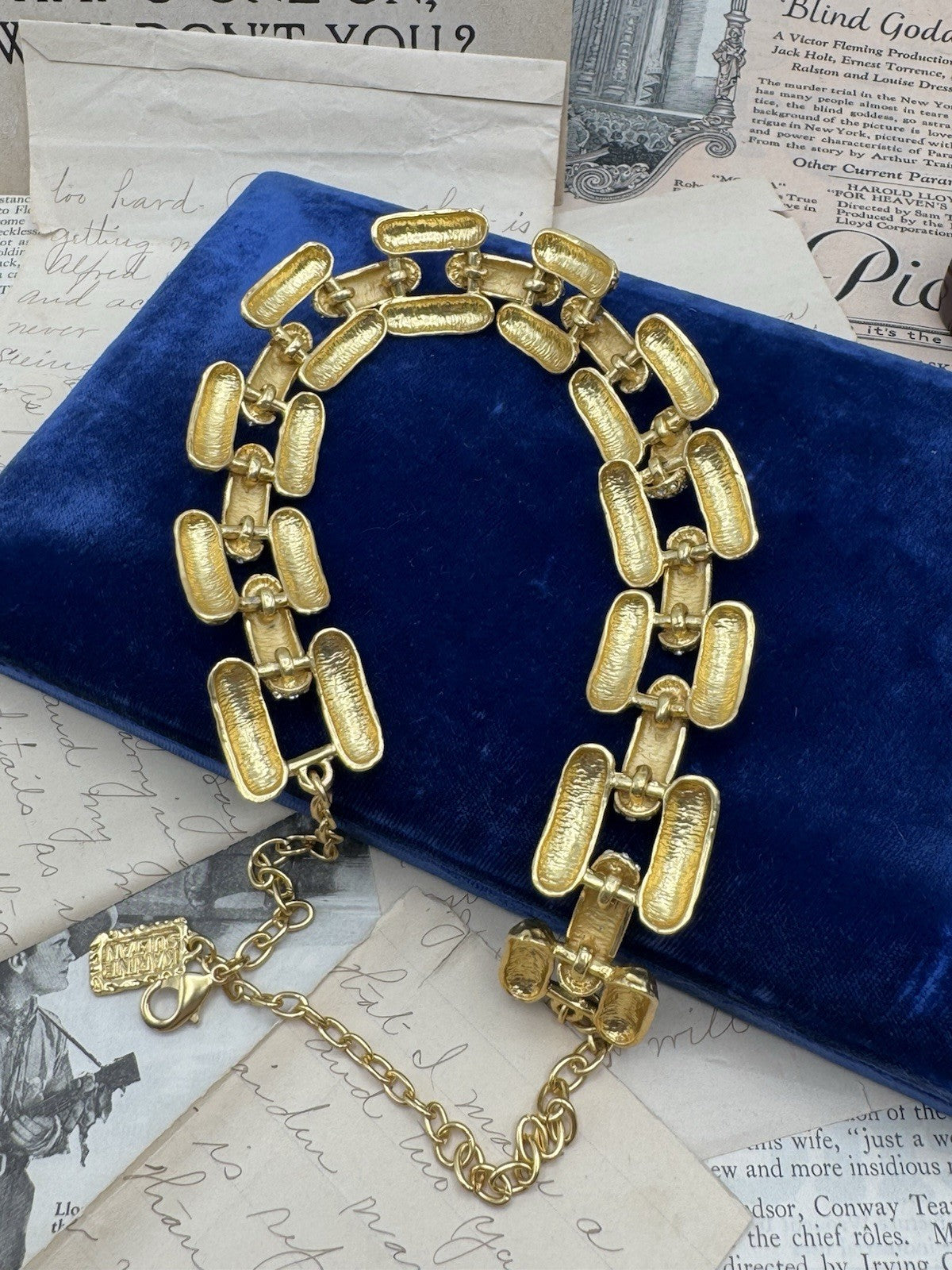Chunky Karine Sultan Necklace Goldtone Rhinestone Accents ESTATE FIND 19”