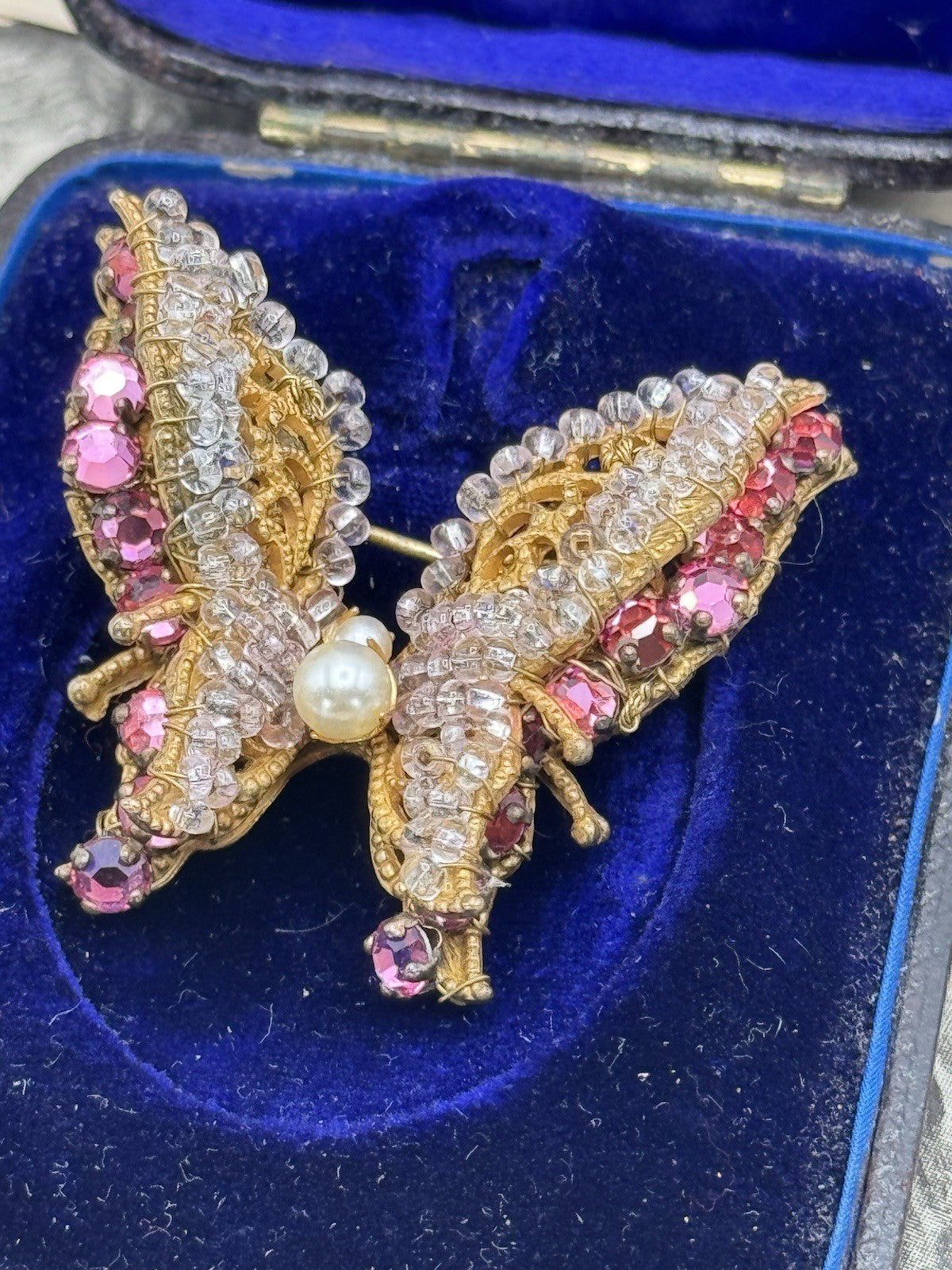 Vintage SIGNED Miriam Haskell Butterfly Brooch Pink Goldtone