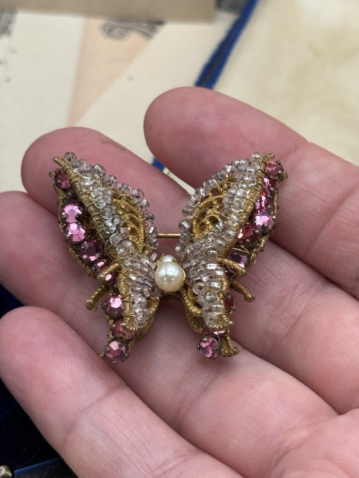 Vintage SIGNED Miriam Haskell Butterfly Brooch Pink Goldtone