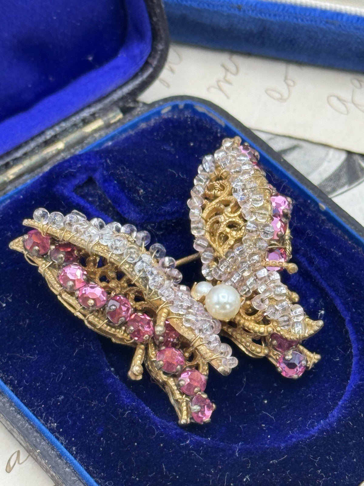 Vintage SIGNED Miriam Haskell Butterfly Brooch Pink Goldtone